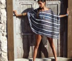 Navy Stripe Chiffon Poncho